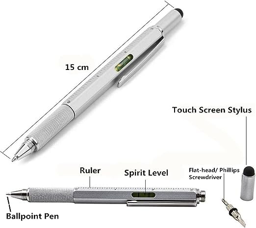 7 in 1 tool pen (stainless steel metal) Pen For Construction Tools, Gift Tool Pen, Multifunctional Technology Pen With Black Ballpoint Pen, Ruler, Handwriting Pen, Level, Screwdriver For Mens Gifts