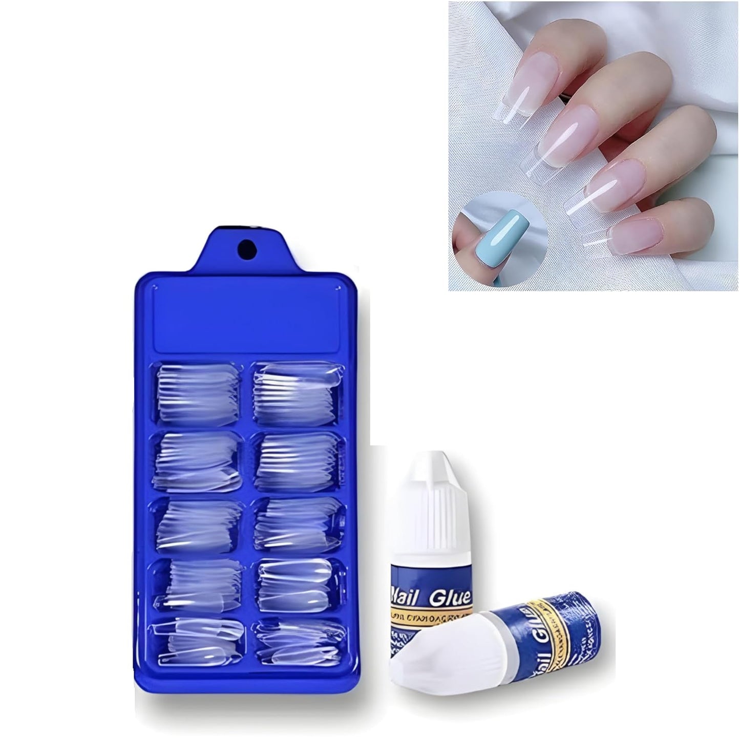 (square shape )Artificial Nails 100pcs With Nail Glue, Beautiful Fancy Fake Nails ,Acrylic Nails Kit Transparent &amp; Natural False Nail