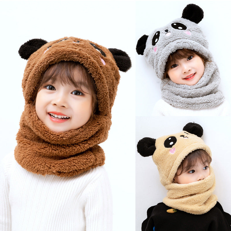 Beanie Wool Cap With Neck Warmer Attached.  KIDS WOOL CAP Cartoon Panda Baby  (random color)