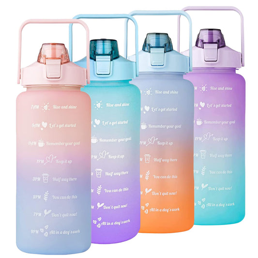 Sports Colorful Water Bottle, Gradient Color Portable Large Capacity Leak Proof Plastic Water Bottles with Straw and Time Marker for Women, Girls, Boys, Mens, Home, Office, School, Gym and Travel Use 2 liter (Random Colors)