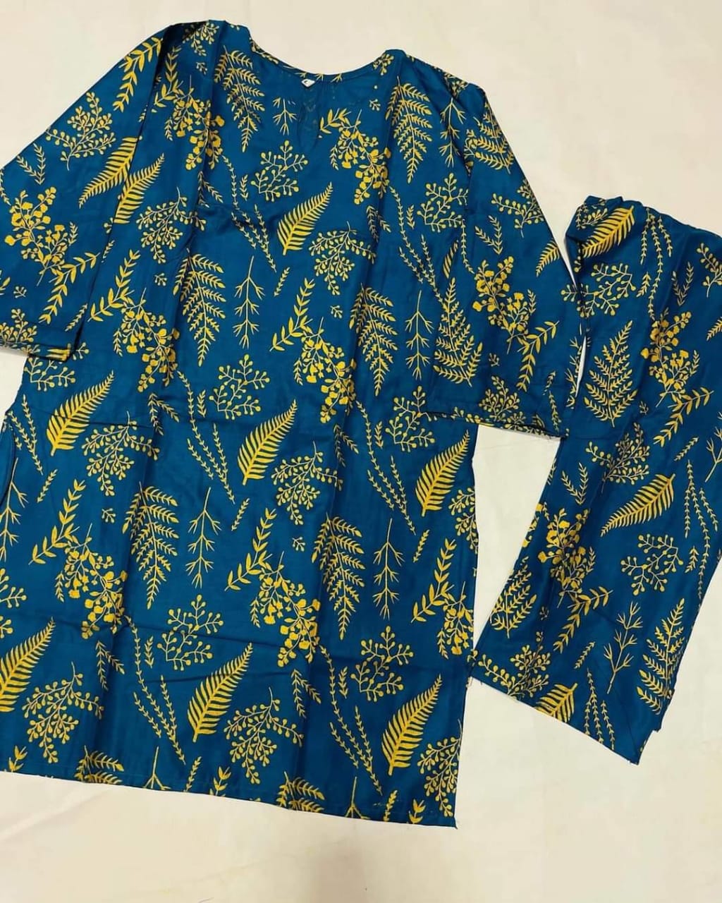 (blue) 2 Pcs Women’s Stitched Petal print  Linen  casual wear for Women