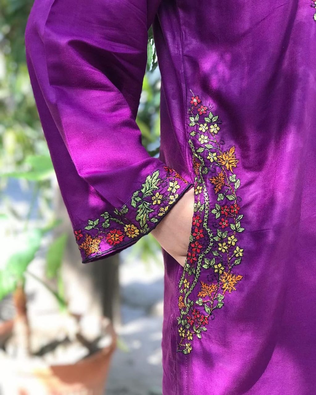 (purple  ) 2Pc Stitched Pocket Sequence Embroidery