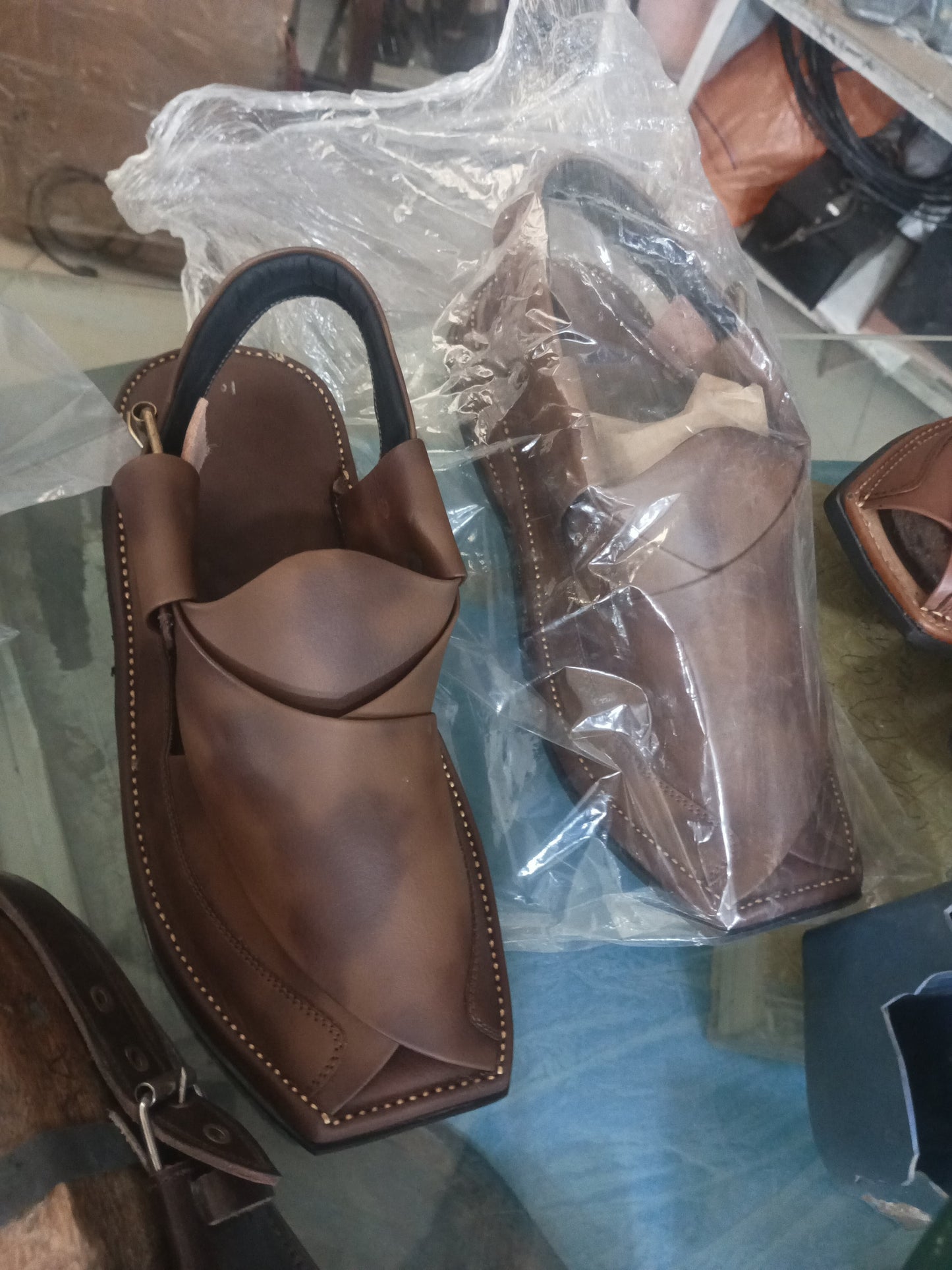 (Brown) Double Sole Double Shade Men Handmade Shoes Unique Design Peshawari Leather Chappal