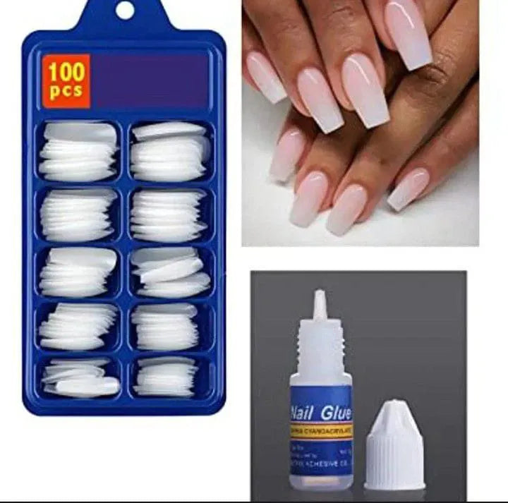 (square shape )Artificial Nails 100pcs With Nail Glue, Beautiful Fancy Fake Nails ,Acrylic Nails Kit Transparent &amp; Natural False Nail